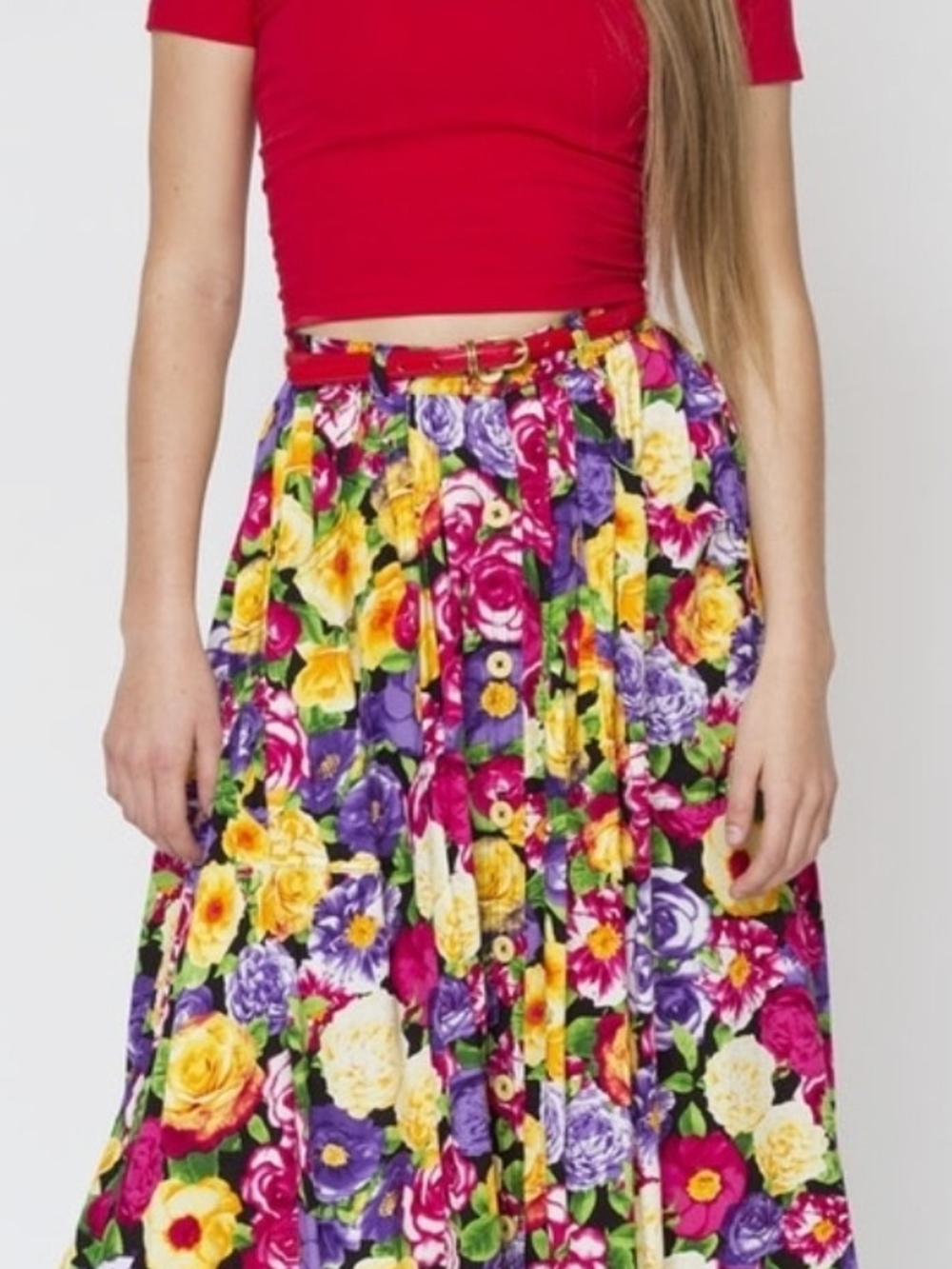 Floral Print Midi Button Down Skirt